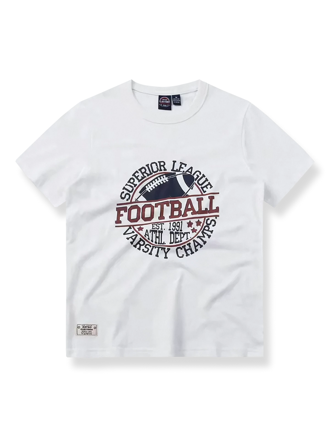 胸に「SUPERIOR LEAGUE FOOTBALL」と創立年をプリントしたラグビーカレッジスタイルTシャツ。