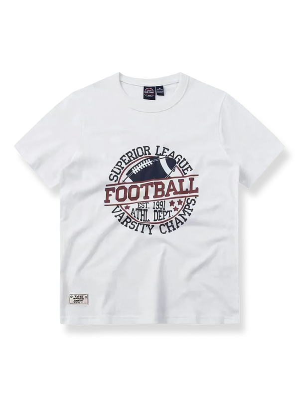 胸に「SUPERIOR LEAGUE FOOTBALL」と創立年をプリントしたラグビーカレッジスタイルTシャツ。