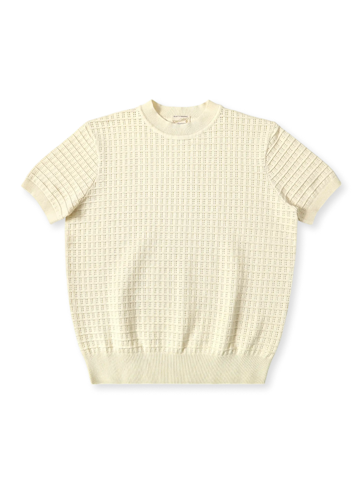 アイレット編みが特徴の270gコットン製ラグドなクルーネック半袖ニット