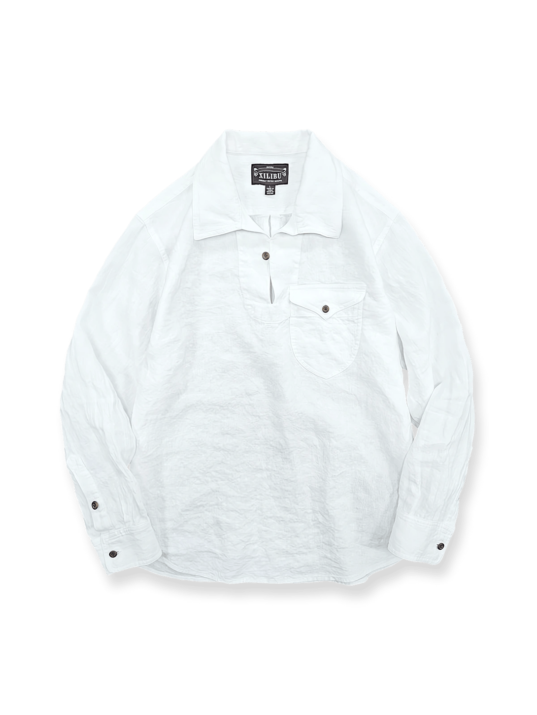 サンドウォッシュ加工のリネン素材を使用したプルオーバーシャツ（襟・胸ポケット・袖口ボタン付き）