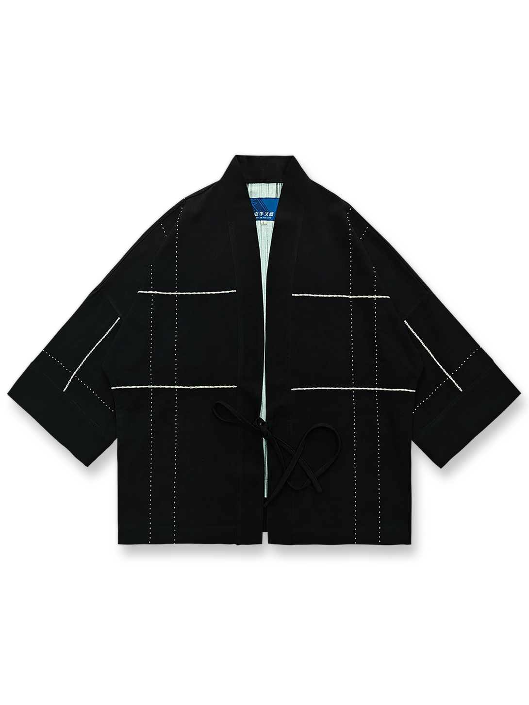 刺し子刺繍とチェック柄が施されたリネン七分袖はんてんの前面が見える商品画像