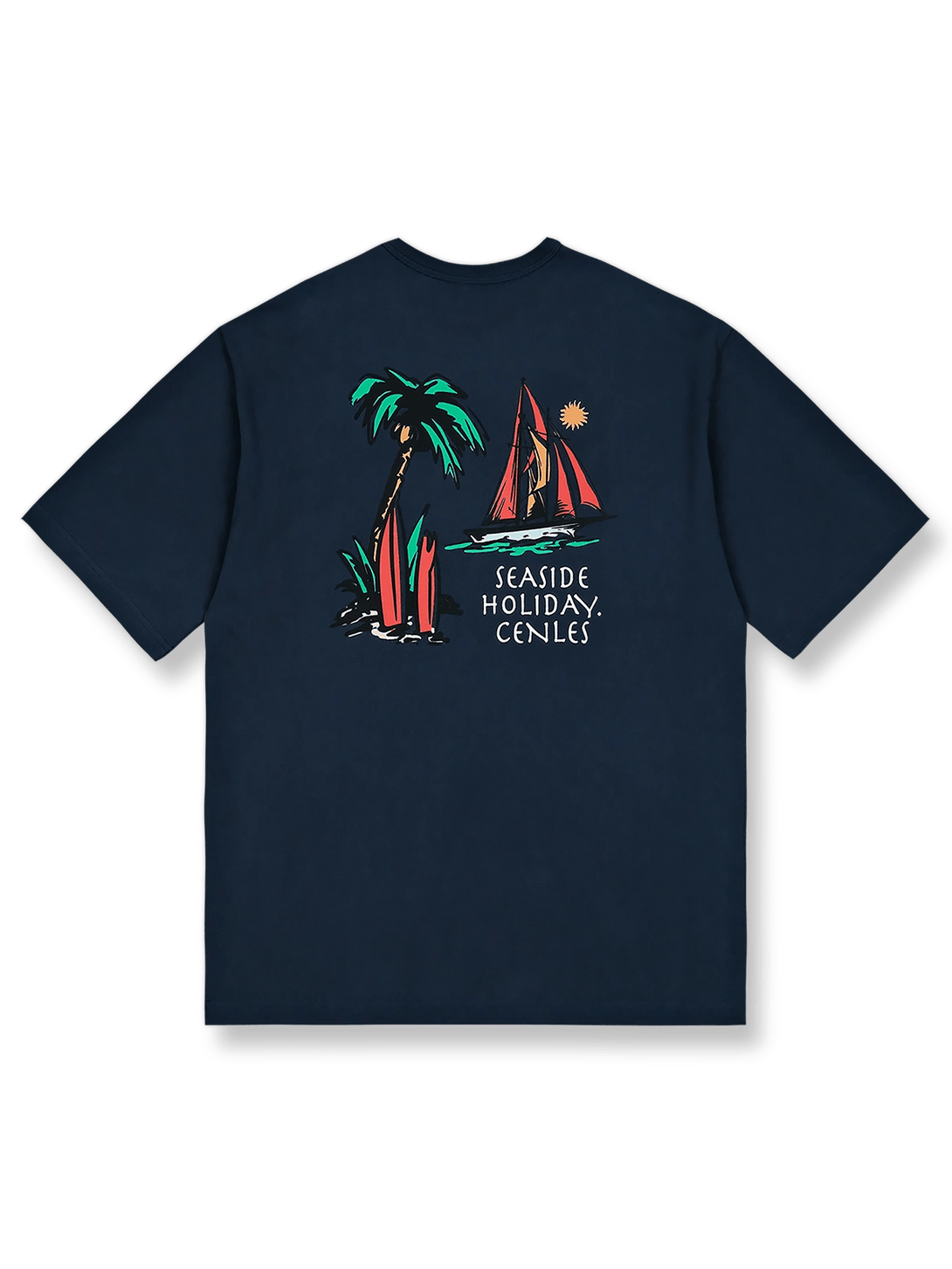 ヤシの木と帆船のリゾートプリントが映えるシーサイドホリデーTシャツ。
