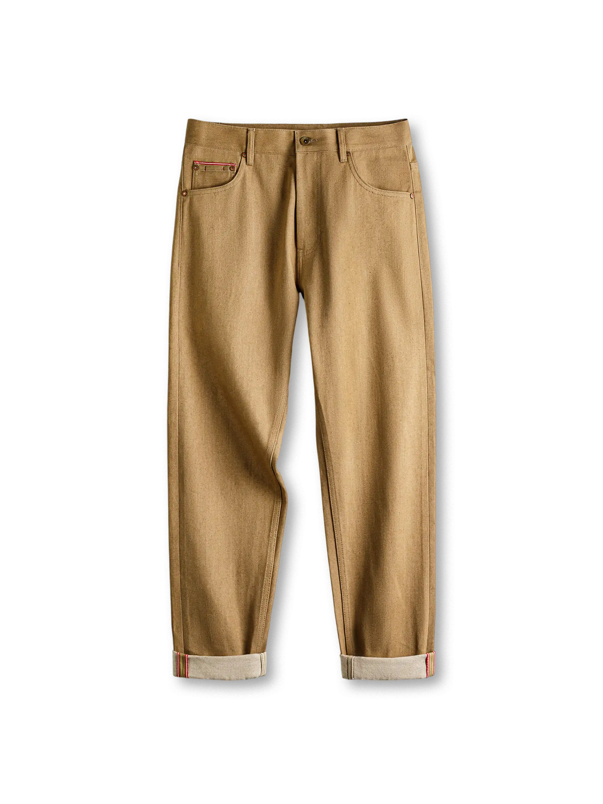 ストレートシルエットのラウデニムパンツ、コインポケット付き、ロールアップで赤耳が見える仕様、後腰に馬毛パッチ