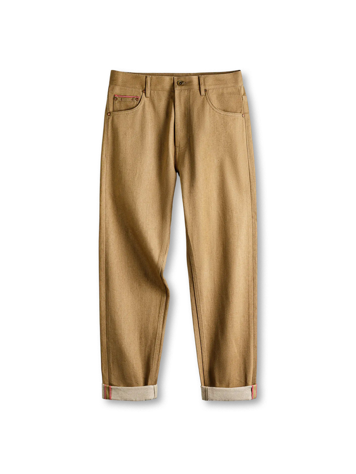 ストレートシルエットのラウデニムパンツ、コインポケット付き、ロールアップで赤耳が見える仕様、後腰に馬毛パッチ