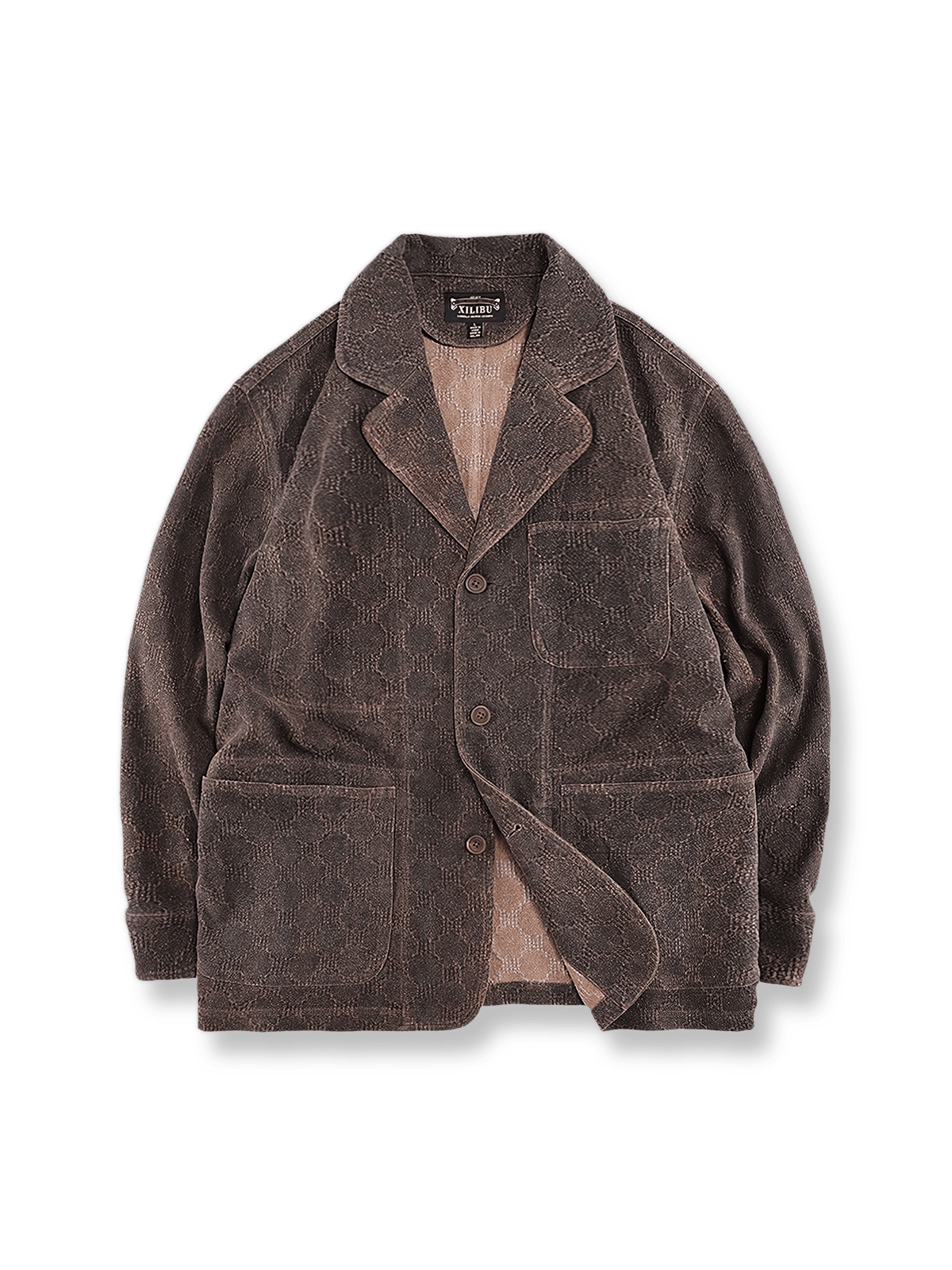 深いブラウンのシャンユンシャ素材、ラペルとウェスタンポケットが特徴のリラックスフィットスーツジャケット