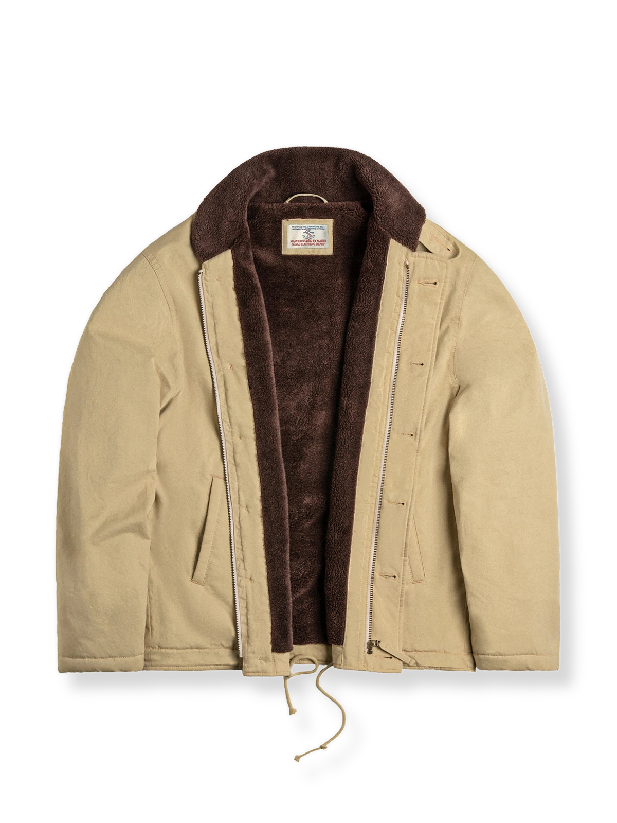 ショールカラー仕様の海軍N1デッキジャケットの全体とアンカー刺繍ディテールを写した写真