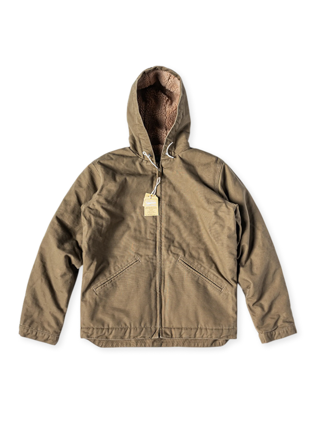 高密度コットンキャンバス生地と柔らかなシープボア裏地を使用したフーデッドジャケット。保温性と耐久性を兼ね備えたデザイン。