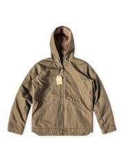 高密度コットンキャンバス生地と柔らかなシープボア裏地を使用したフーデッドジャケット。保温性と耐久性を兼ね備えたデザイン。