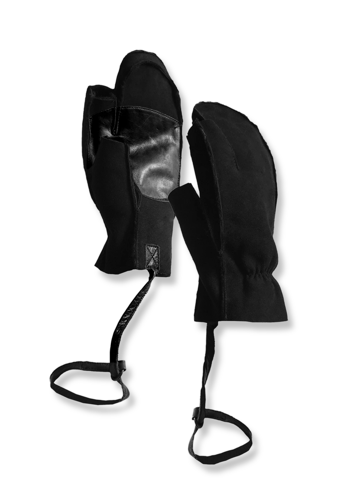 シープスキンとウール素材の防寒フィンガーレスグローブ。カーフレザー補強と耐久性縫製でグリップ力を高めたデザイン。