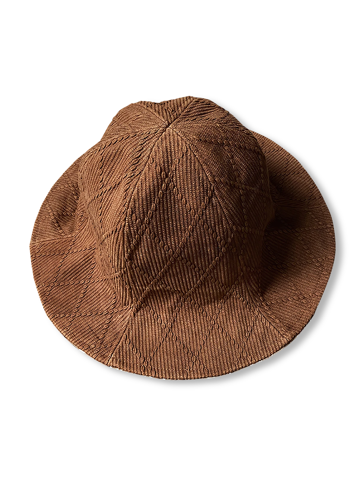 薯莨染めと剣道服刺し子生地を組み合わせ、裏地に花柄型染め生地を配したヴィンテージ風バケットハット。