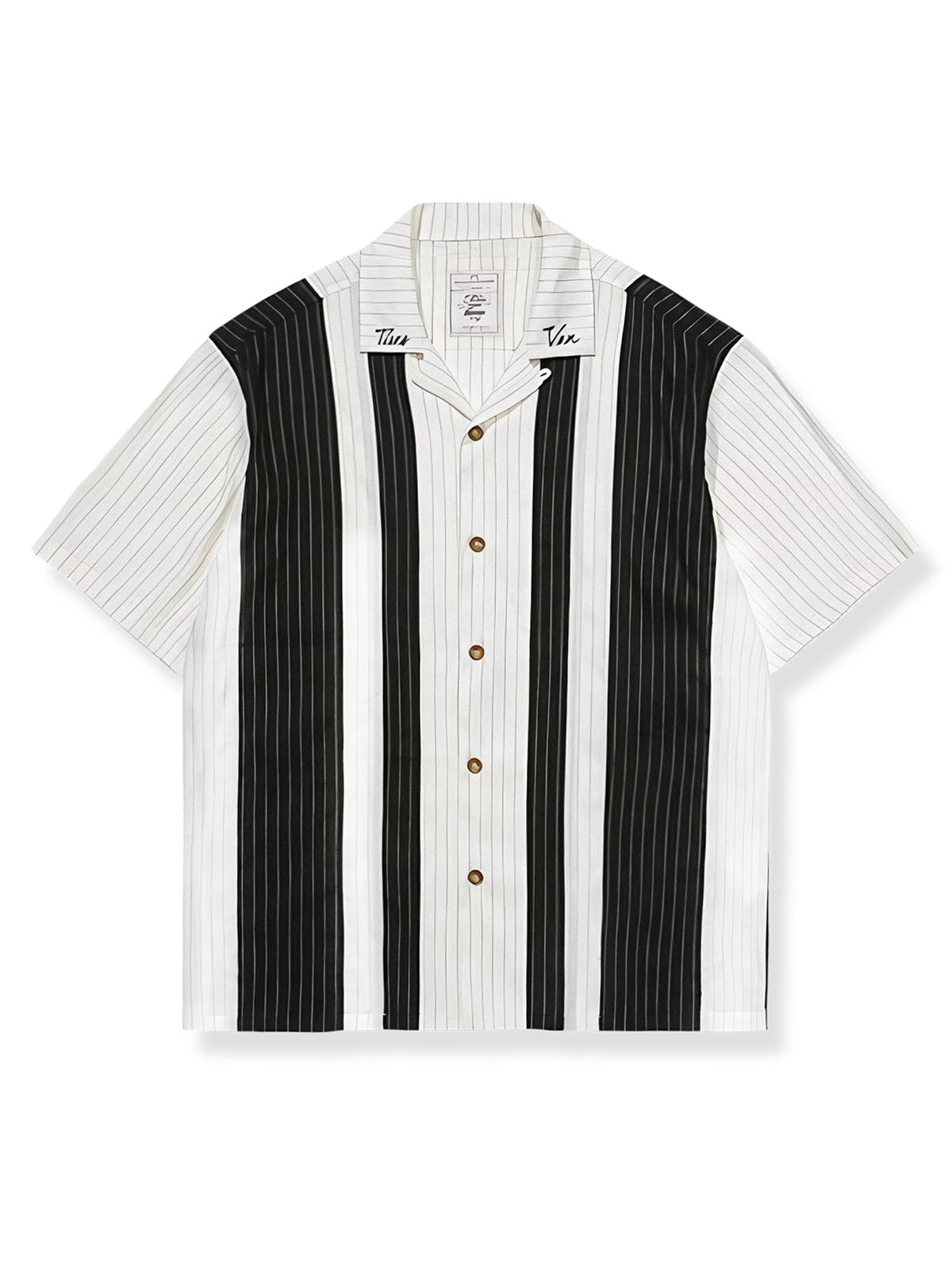 モノクロストライプ柄シルクコンビ半袖シャツ、クラシックなストレートシルエット、快適なコットン＆絹似素材のパッチワーク