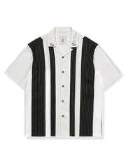 モノクロストライプ柄シルクコンビ半袖シャツ、クラシックなストレートシルエット、快適なコットン＆絹似素材のパッチワーク