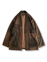 シルク素材のパッチワーク袢纏カーディガン、古法シュロ染色技法を施したデザイン。