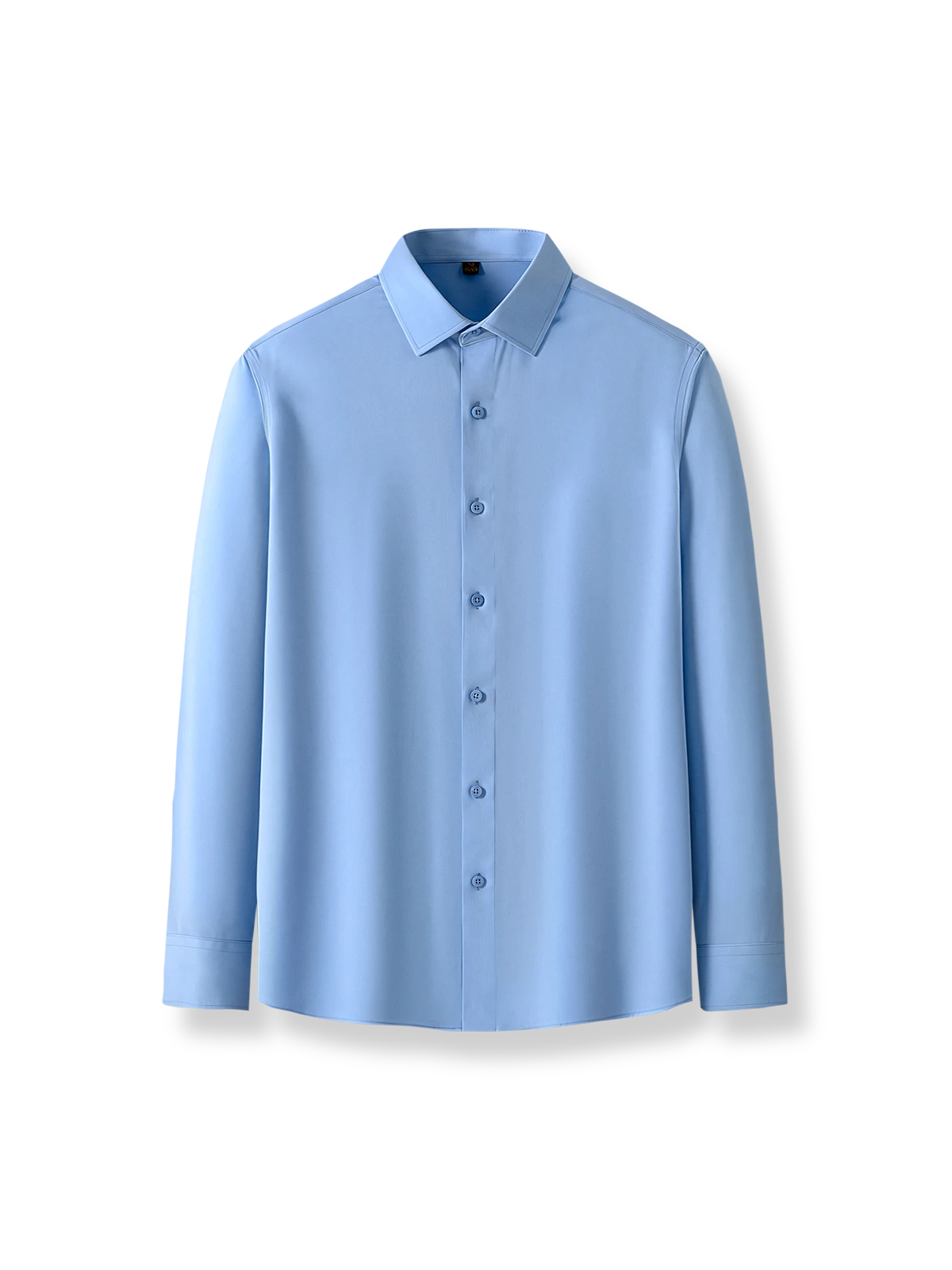 シルクストレッチ素材のブルー長袖シャツ。