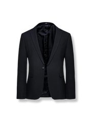 シングルボタンデザインのブラックスーツジャケット、スリムフィットとセンターベント付き。