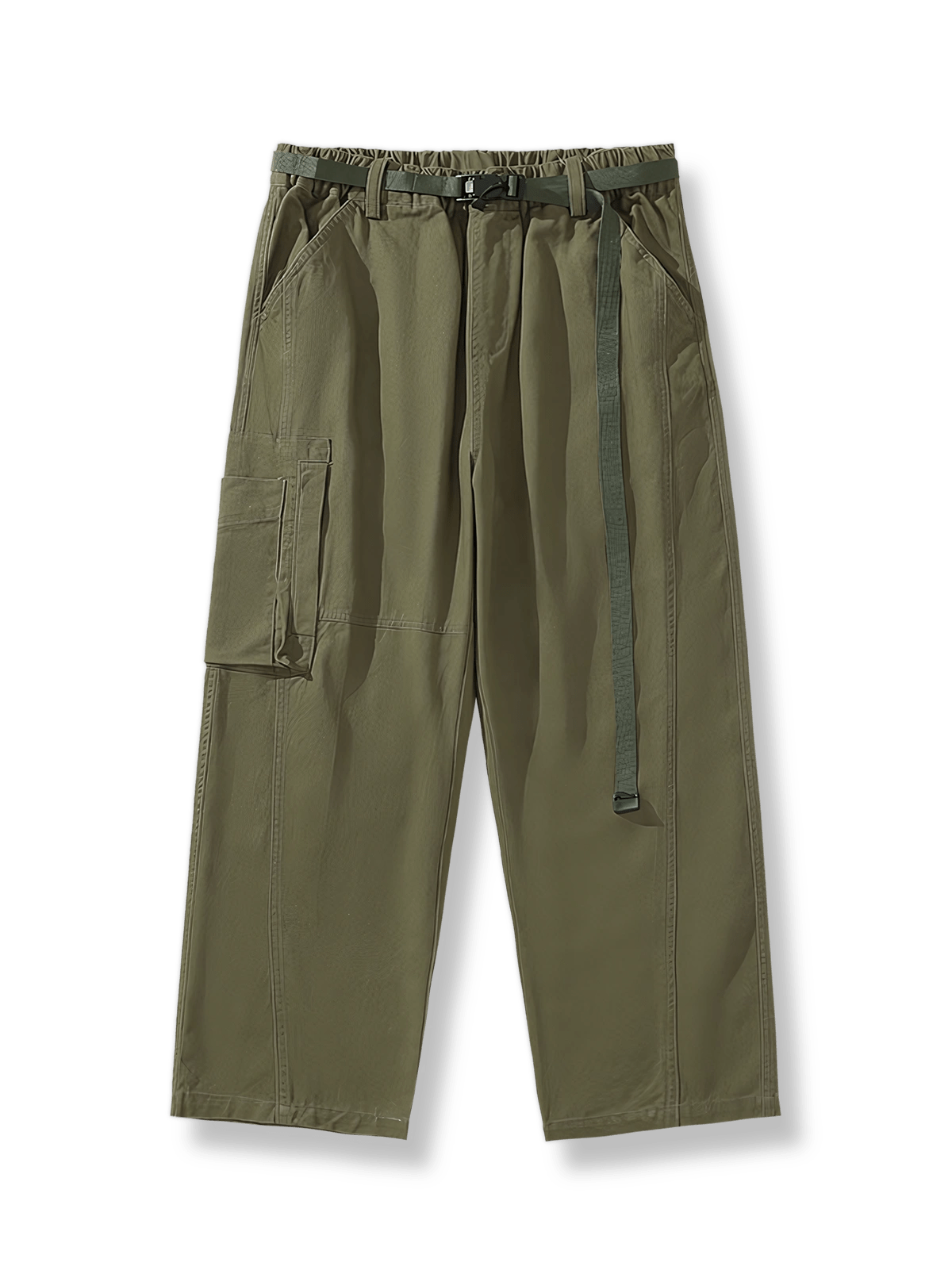 シングルポケットと着脱式ベルト付きのコットンワークパンツ。