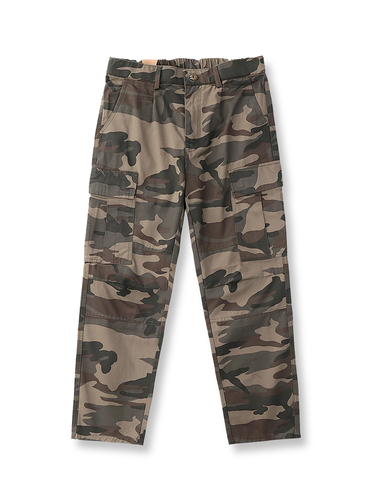 六つのポケットとカーゴ風フラップポケットが特徴のストレートパンツ。