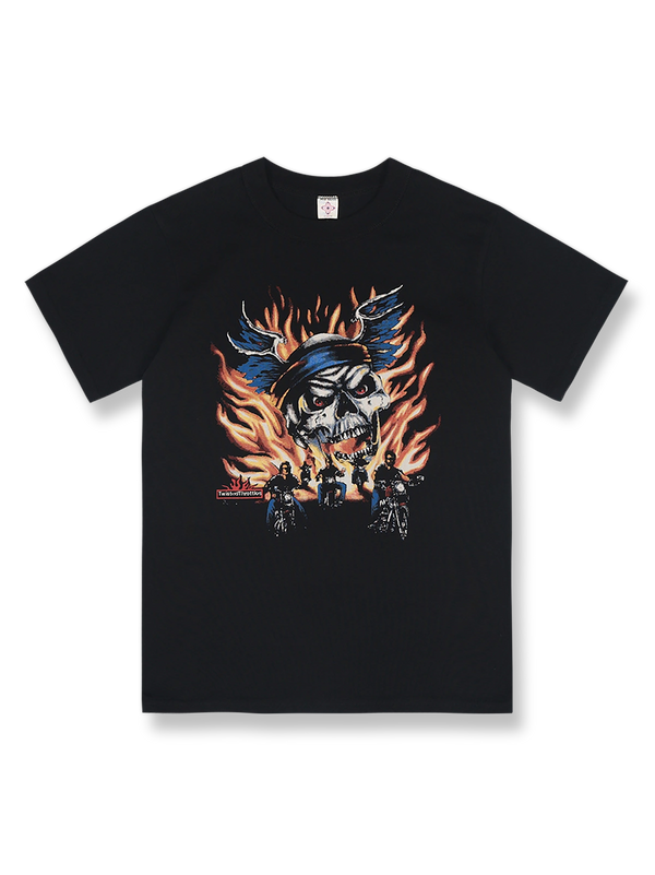 スカルバイカープリントのショートスリーブTシャツ