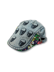 骷髏刺繍入り、水洗い・エイジング加工のヴィンテージ感あるデニムキャスケット。