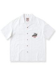 スカルとドラゴンの刺繍が施されたキューバンカラー半袖シャツ