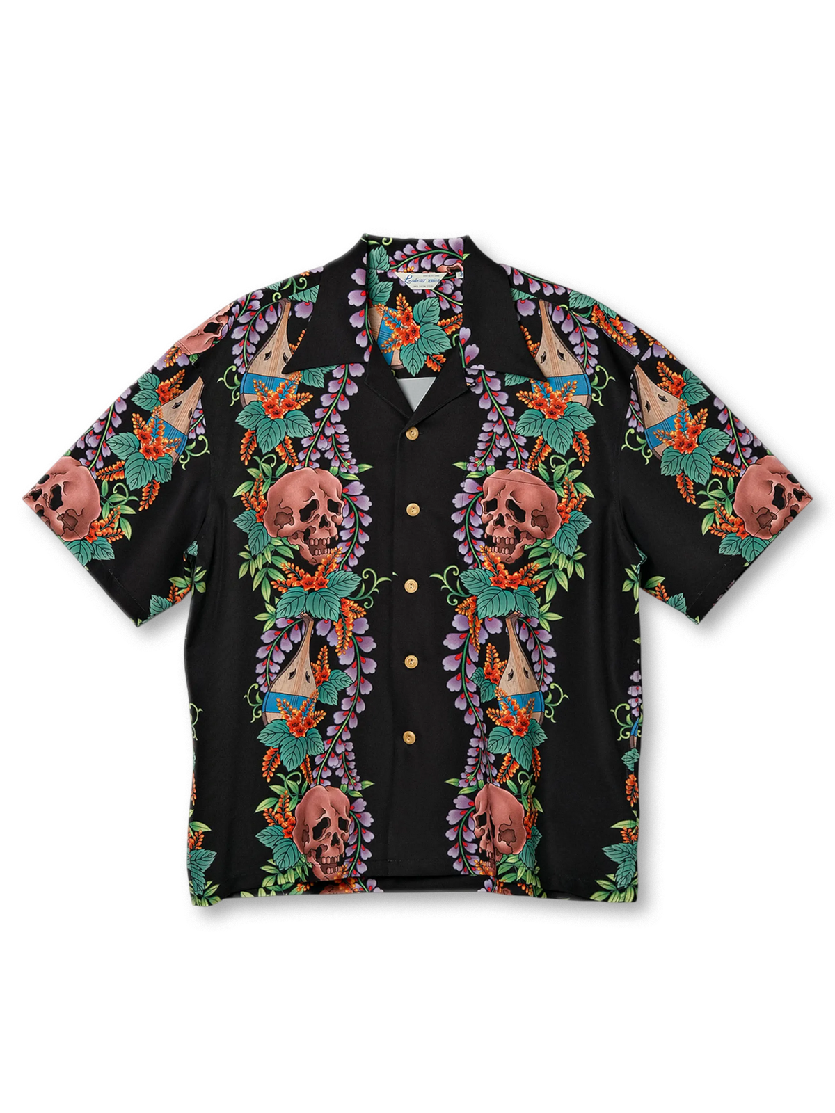 スカルフローラル アロハシャツ全体像（ブラックベース）