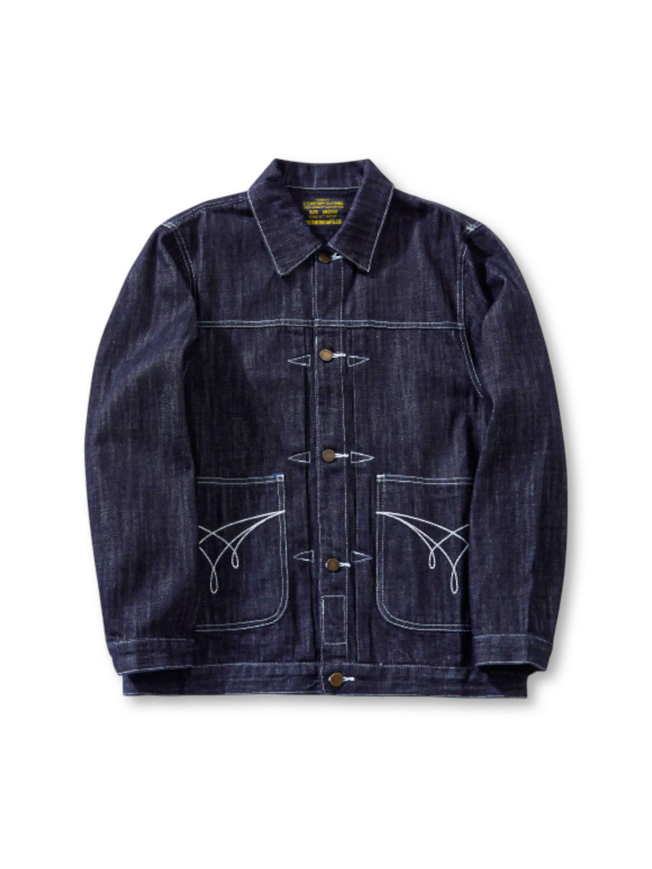 洗い加工のスラブデニムジャケット、フロントボタン仕様、前面に大きなパッチポケットと袋花ステッチ入り