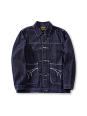 洗い加工のスラブデニムジャケット、フロントボタン仕様、前面に大きなパッチポケットと袋花ステッチ入り