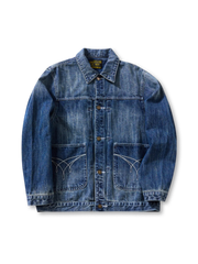 洗い加工のスラブデニムジャケット、フロントボタン仕様、前面に大きなパッチポケットと袋花ステッチ入り