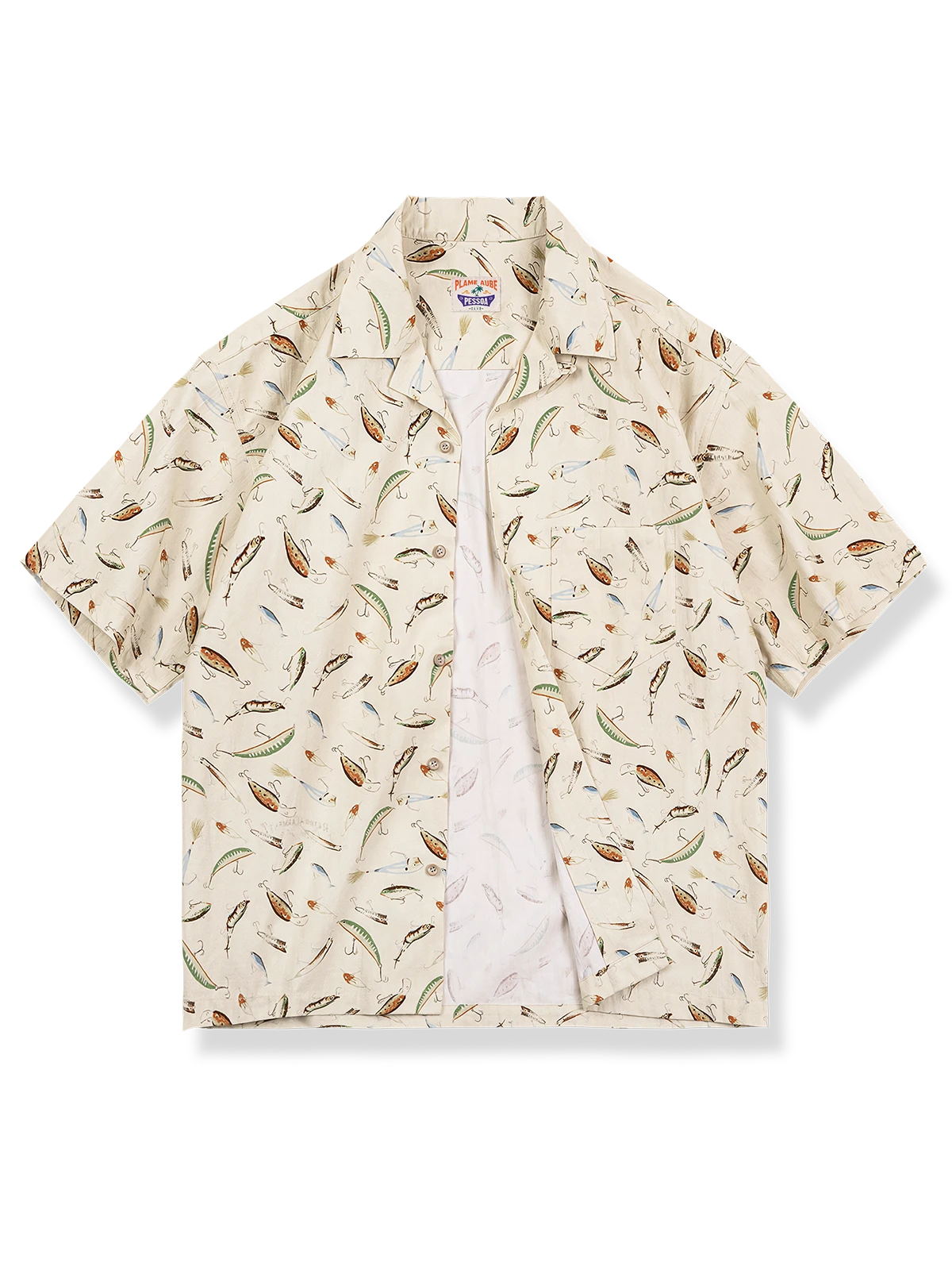 スラブコットンルアーフィッシング柄キューバシャツ、ドロップショルダー、木製ボタン、通気性良好