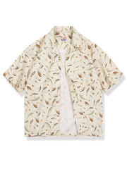 スラブコットンルアーフィッシング柄キューバシャツ、ドロップショルダー、木製ボタン、通気性良好