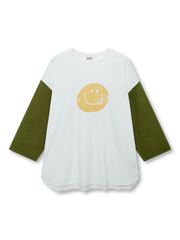 Smileyロゴ入り色織りジャージー7分袖Tシャツ（ブルー×ネイビー）