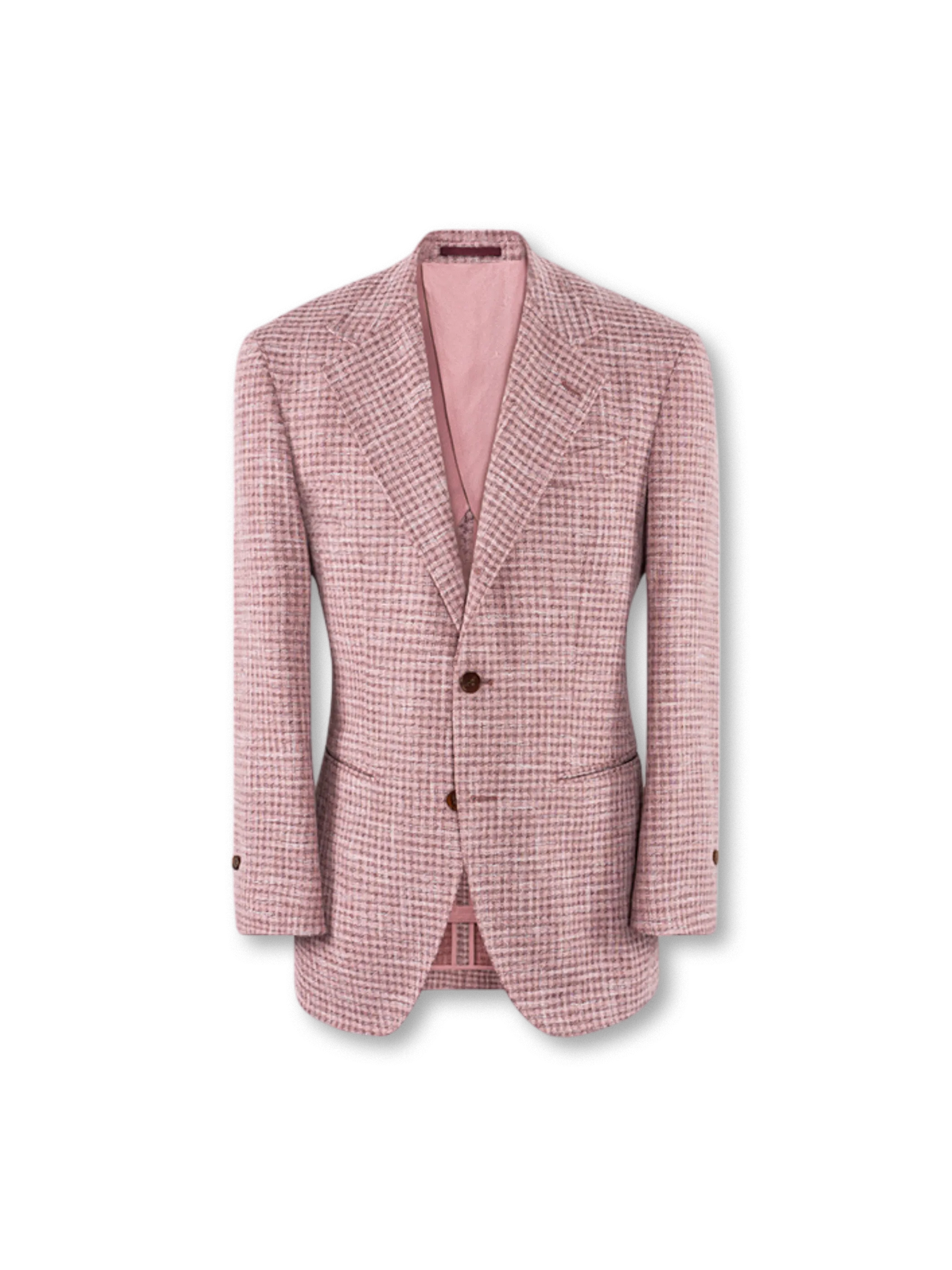 霞みピンク千鳥格子柄とナポリ開襟が特徴の上品なイタリアンジャケット