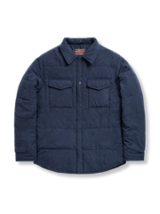 ブルーとアーミーグリーンの2色展開ソフトシェルピーチスキンダウンジャケットの全体と胸ポケットディテールを写した写真