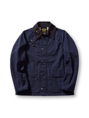 コットンキャンバスの中長丈フィッシングジャケット、TALONダブルジップとフラップポケット、コーデュロイ襟と胸のDカン付き