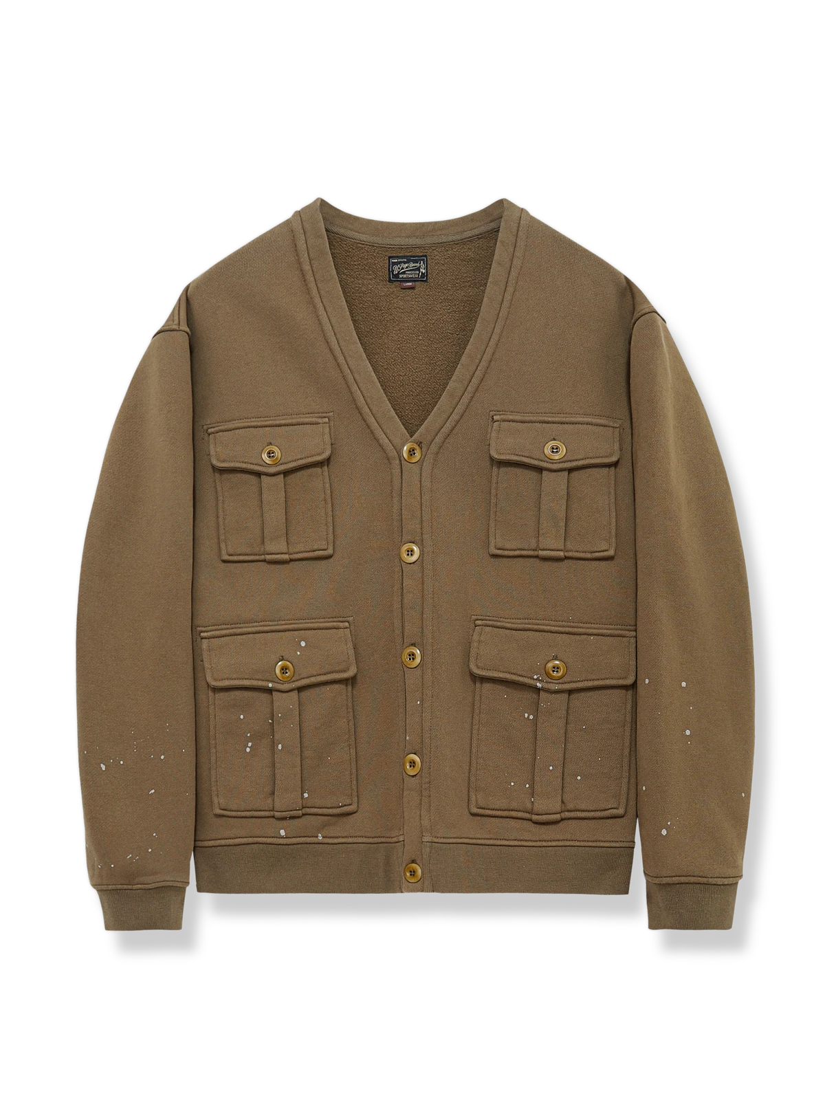 スプラッシュプリントと立体ポケットが特徴のオープンカーディガンスウェット。