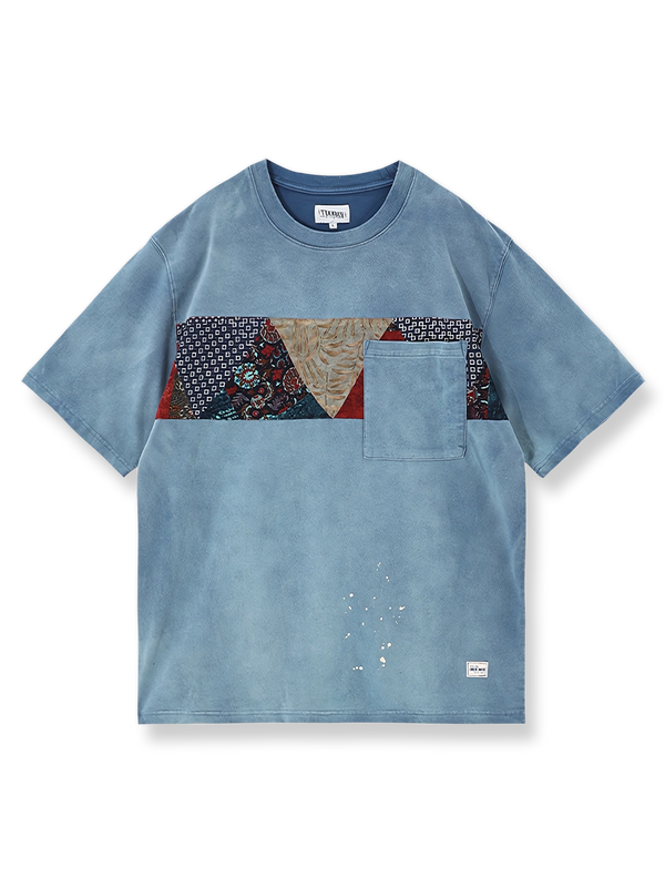 ろうけつ染めと古布パッチワークを施したウォッシュ加工Tシャツ。