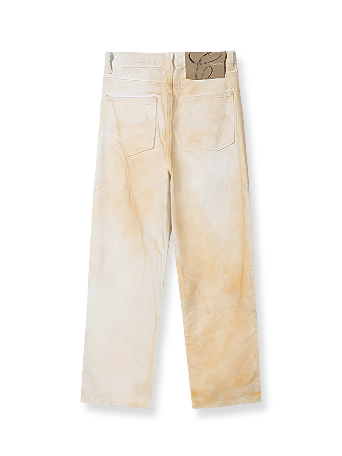 スプレー染めとハンドサンディング加工が施されたヴィンテージ風デニムパンツ