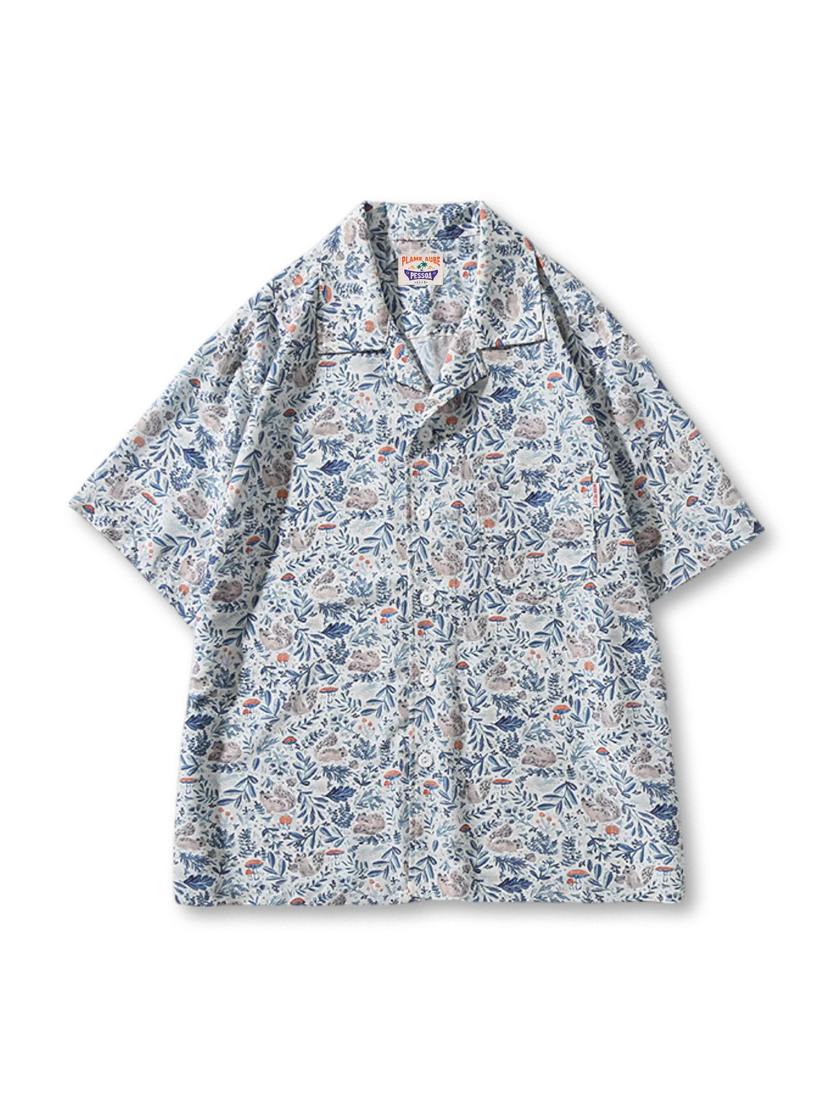 リスとドングリのプリントが映えるキューバカラーアロハシャツ