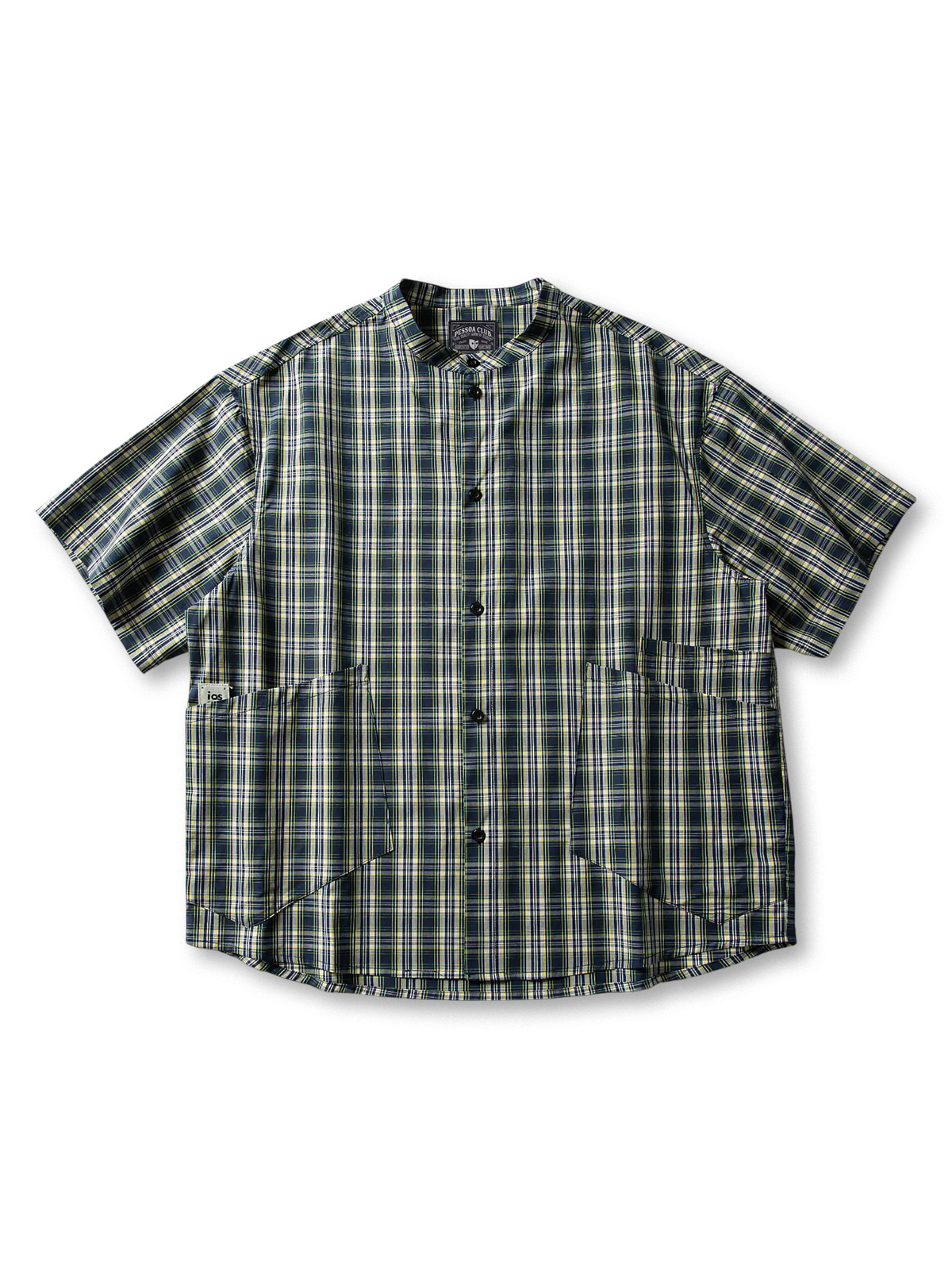 立ち襟とグリッドチェックが映える薄手コットン半袖シャツ