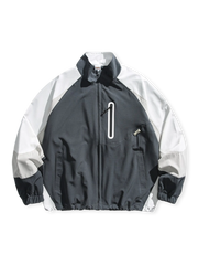 20世紀中後期アメリカンキャンパススポーツ風のコントラストパッチワーク立ち襟ジャケット。ジッパーとリブ袖付き