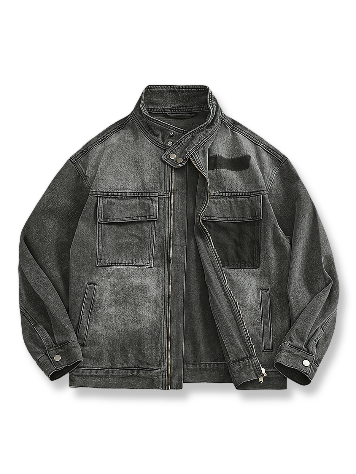 スタンドカラーとヴィンテージウォッシュが映えるデニムジャケット