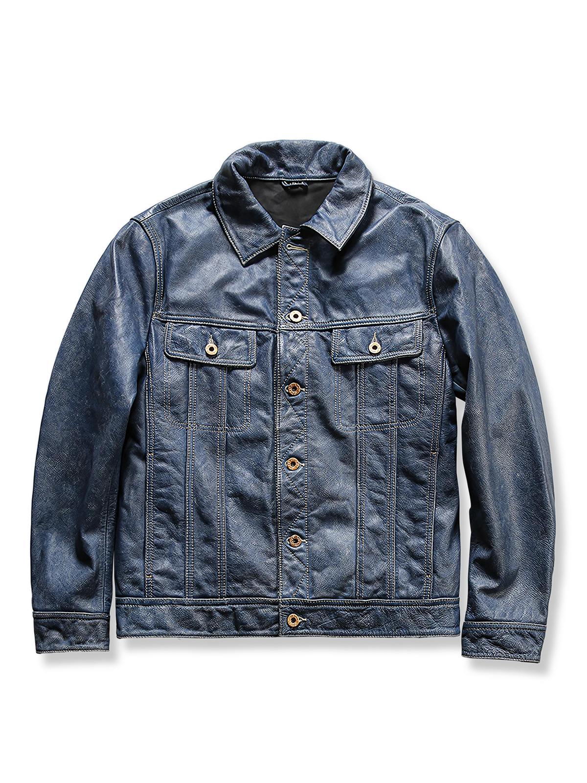 デニムブルーに染められた石磨き加工牛革レザージャケットの全体と質感を写した写真