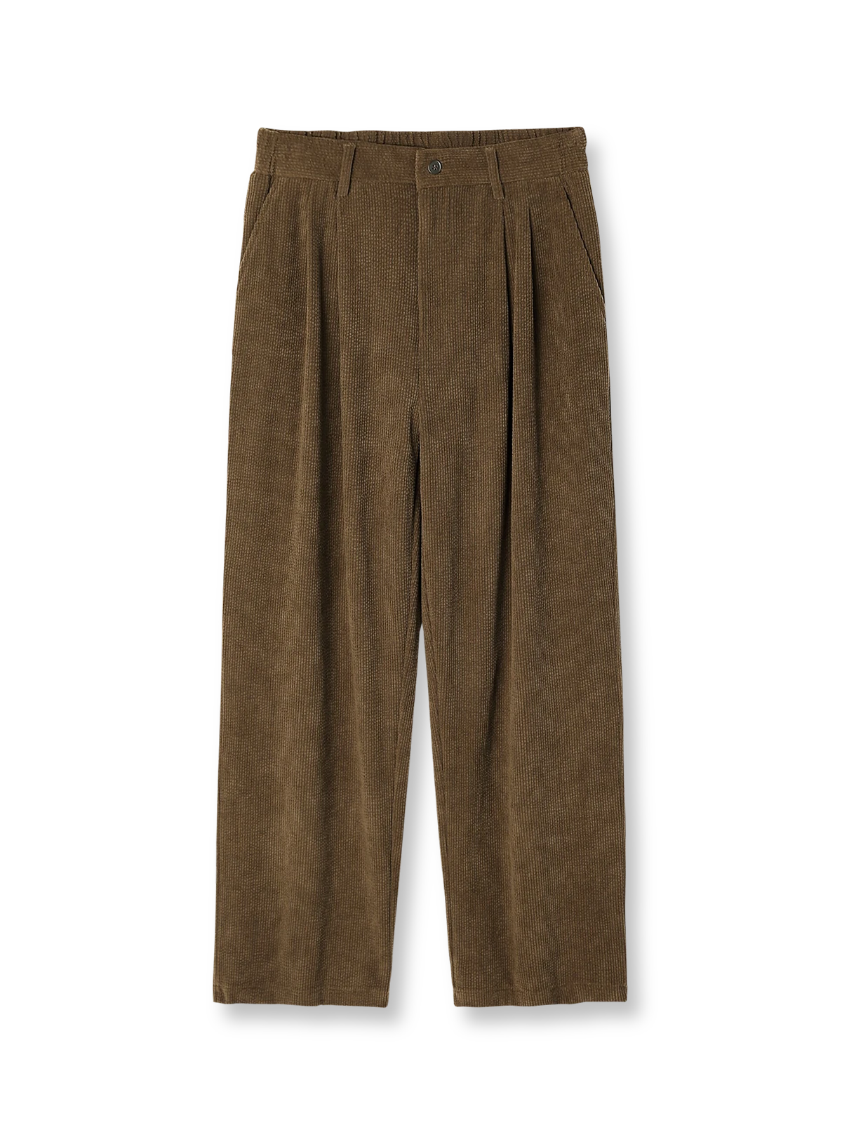 特別染色ポリエステルコーデュロイのストレートワイドパンツ。毛玉防止とストライプ模様が特徴。