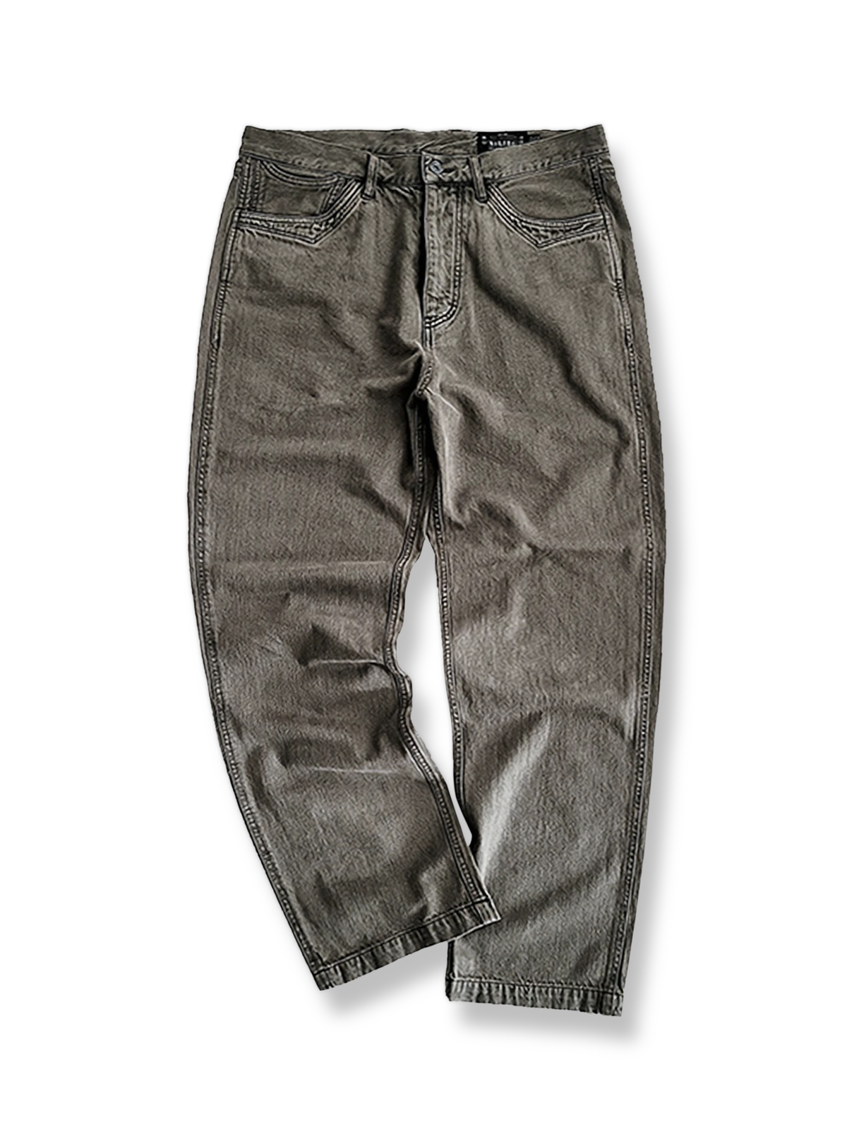 ストレートフィットとダブルステッチ、複数ポケットが特徴の鉱山作業インスパイアデニムパンツの全体像。