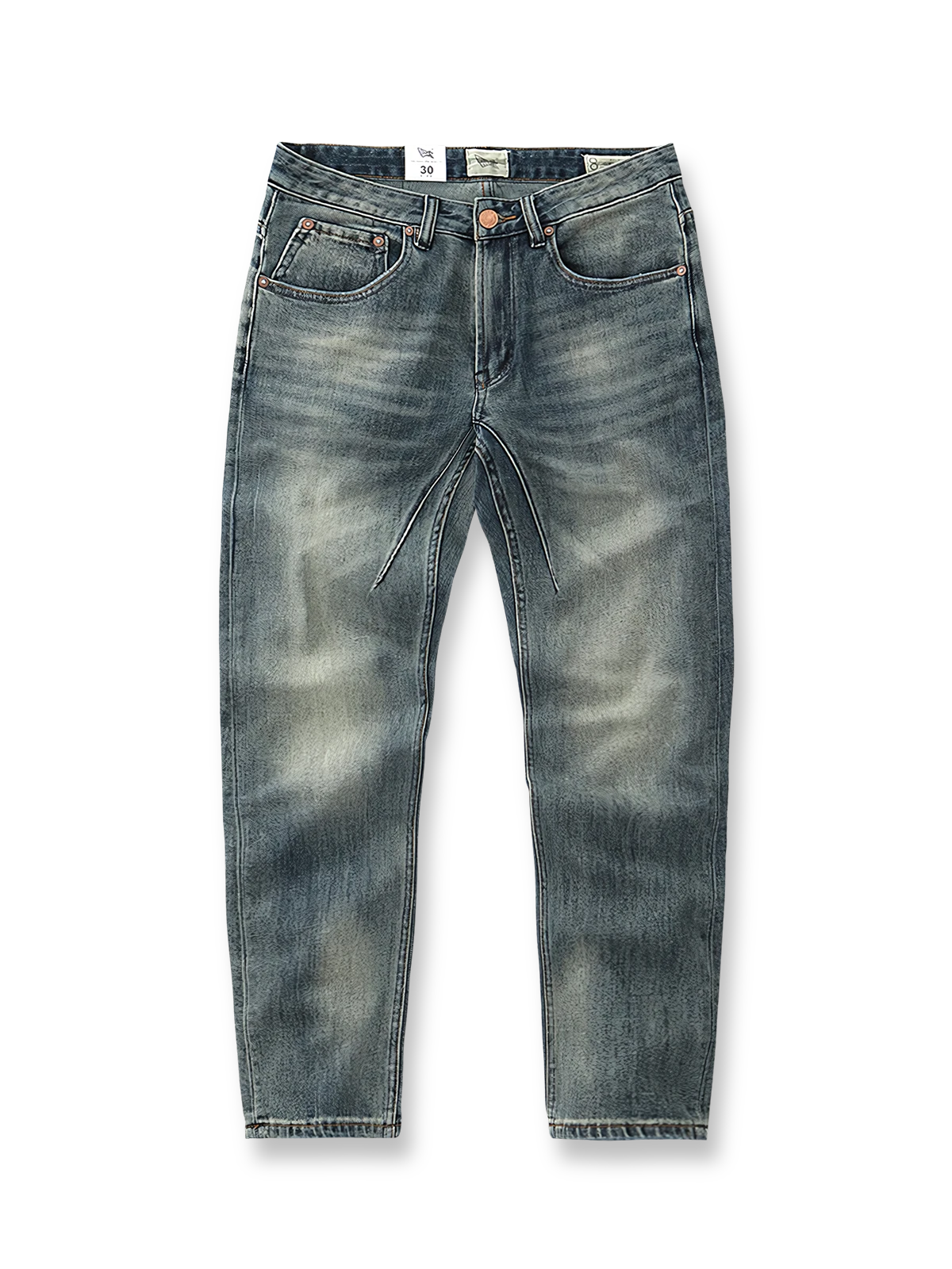 サンドウォッシュとヒゲ加工が映えるスリムストレートジーンズ。