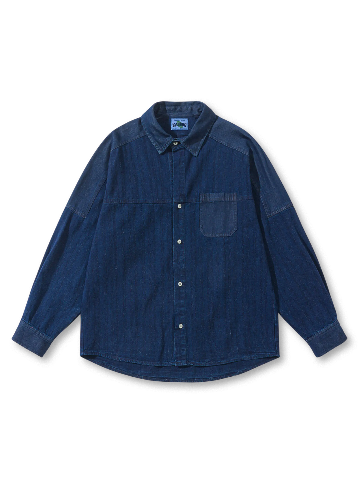 ストライプパネルと植物藍染めデニムが融合したパッチワークデニムシャツ