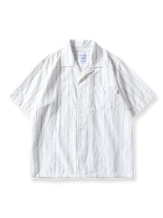 ストライプジャカード織りのリネン混紡キューバカラー半袖シャツ