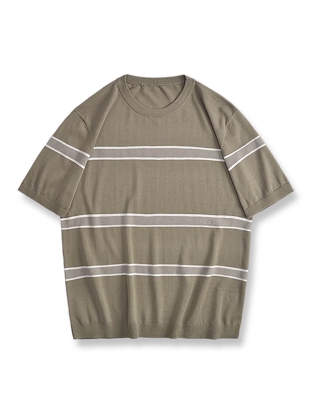 コットンと桑蚕糸を混紡したストライプ編みの半袖Tシャツ