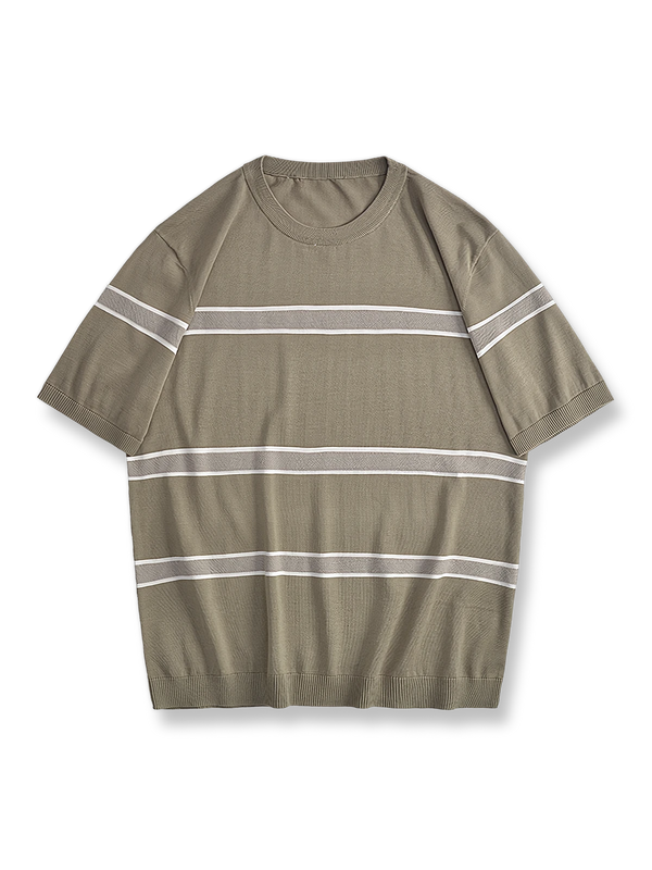 コットンと桑蚕糸を混紡したストライプ編みの半袖Tシャツ