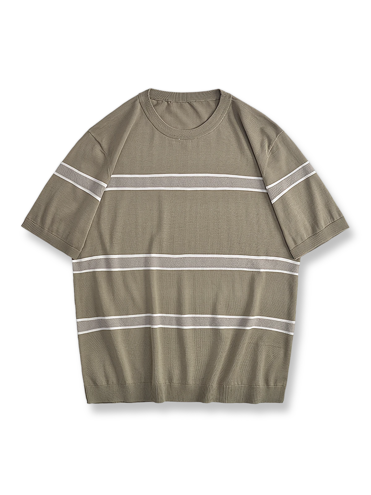 コットンと桑蚕糸を混紡したストライプ編みの半袖Tシャツ